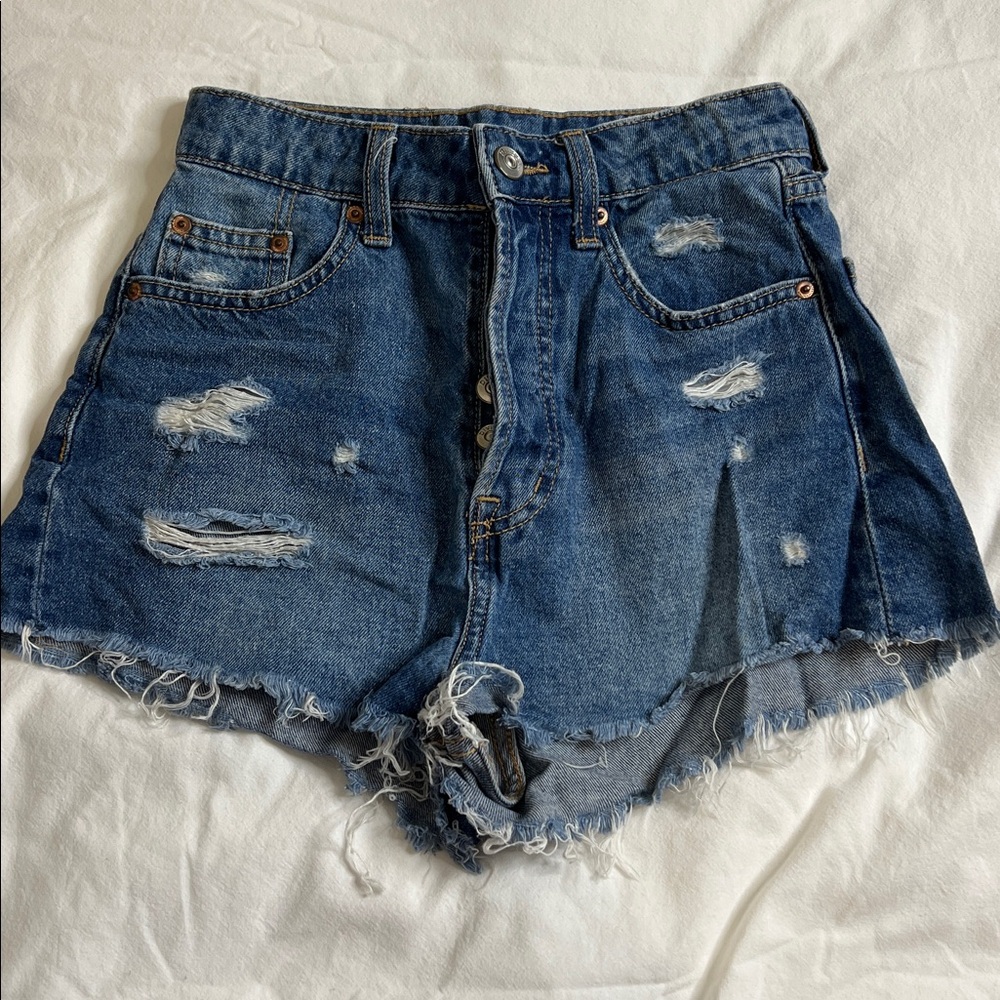 H&M High Waist Distressed Denim Shorts - Blue